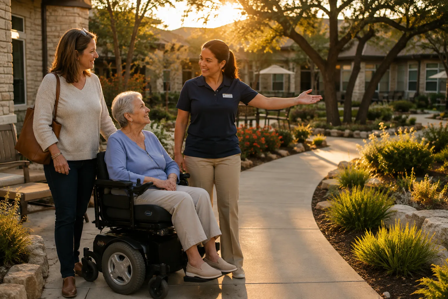 Family touring wheelchair accessible courtyard at assisted living community in Texas